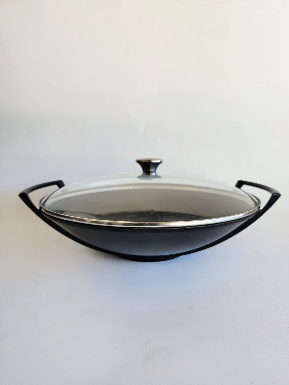 Le Creuset Black Cast Iron 14" Wok with Glass Lid Made In France Excellent